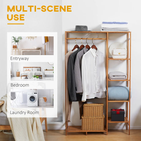 HOMCOM Bamboo Clothes Rack for Bedroom Garment Rack with 6-Tier Storage Shelf Hanging Rod Clothes Rail for Living Room Entryway