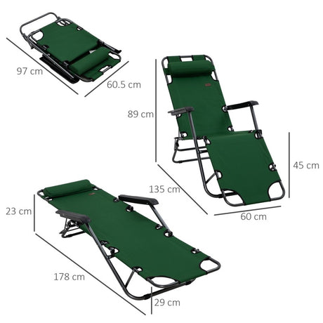 Outsunny 2 Pack 2 in 1 Sun Lounger Folding Reclining Chairs Garden Outdoor Camping Adjustable Back with Pillow, Green