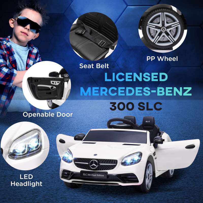 AIYAPLAY Benz SLC 300 Licensed 12V Electric Car for Kids, Kids' Electric Ride on with Parental Remote, Music Lights, Suspension Wheels for 3-6 Years, White