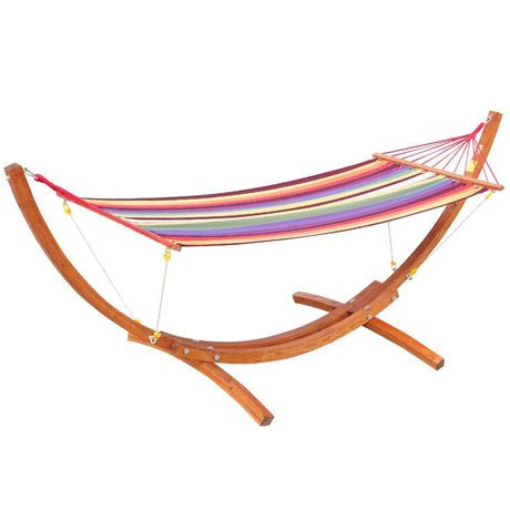 Outsunny Outdoor Hammock with Stand, Free Standing Hammock with Arc Wooden Frame and 200 x 100cm Fabric, Garden Swing Hanging Bed with Safe Ropes, Multicolour