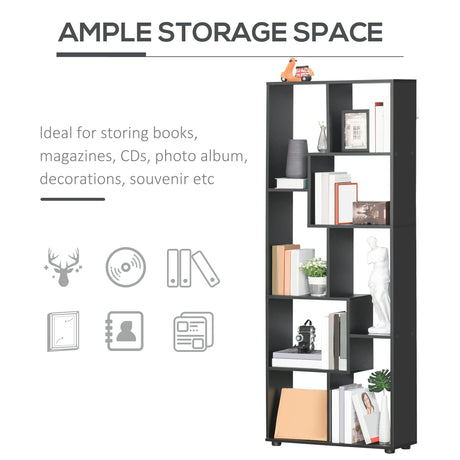 HOMCOM 8-Tier Freestanding Bookcase w/ Melamine Surface Anti-Tipping Foot Pads Home Display Storage Grid Stand Bedroom Living Room Furniture Modern Style - Black