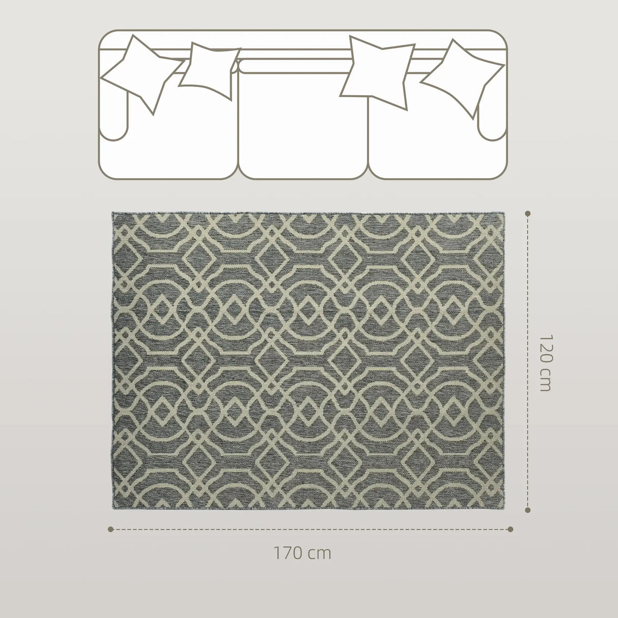 HOMCOM UV Resistant Indoor & Outdoor Area Rug, Easy-Cleaning Machine Washable Rug with Geometric Pattern for Patio, Garden, Kitchen, Bathroom or Living Room, 170 x 120 cm, Grey
