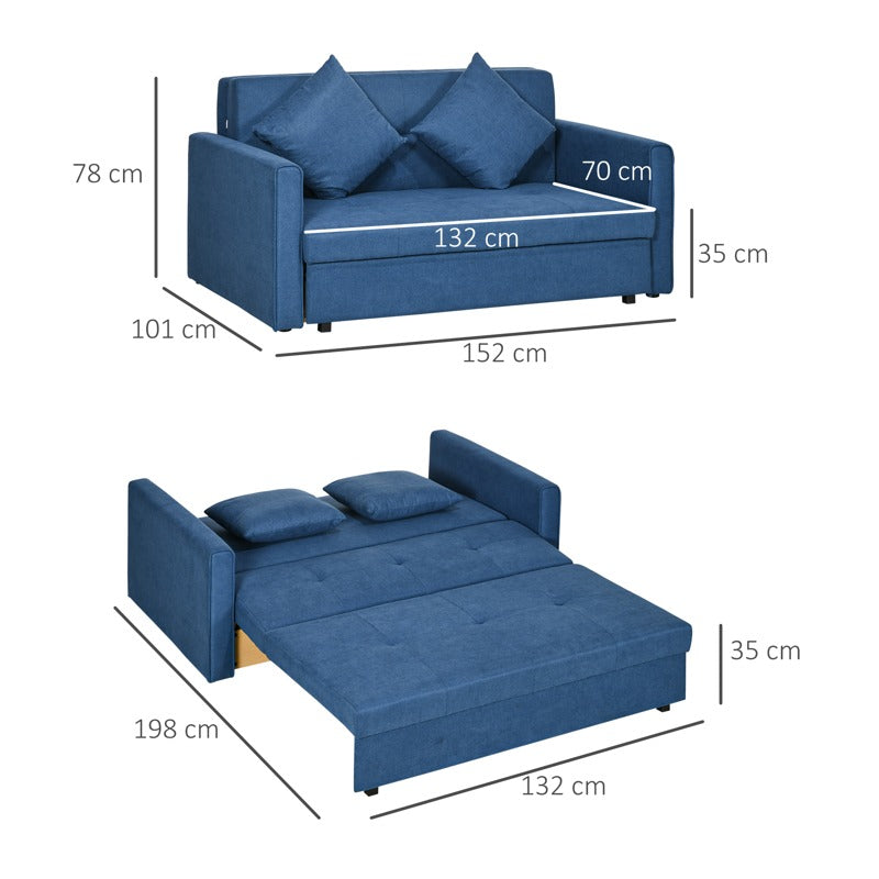 HOMCOM 2 Seater Sofa Bed, Convertible Bed Settee, Modern Fabric Loveseat Sofa Couch with 2 Cushions, Hidden Storage for Living Room, Guest Room, Deep Blue