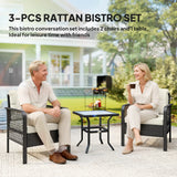 Outsunny 3 Pieces Rattan Bistro Set with Glass Top Coffee Table, Chairs and Cushions for Outdoor, Patio, Balcony, Cream