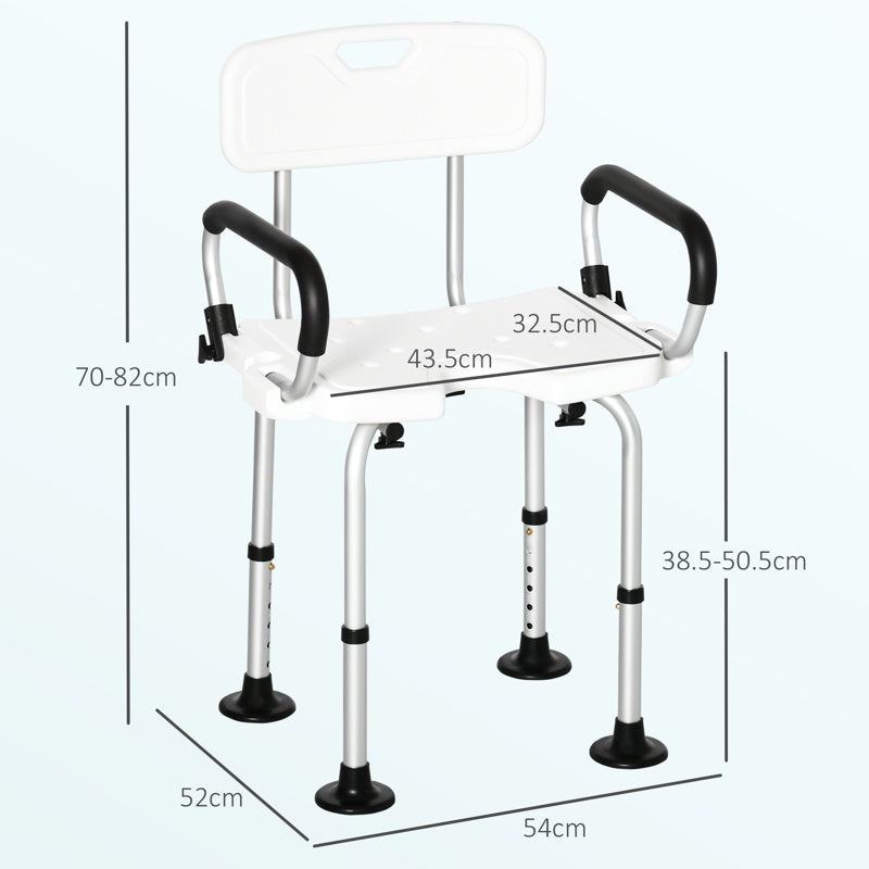 HOMCOM Shower Chair for the Elderly and Disabled, Height Adjustable Shower Stool with Back and Flipped Padded Arms, Suction Foot Pads, White