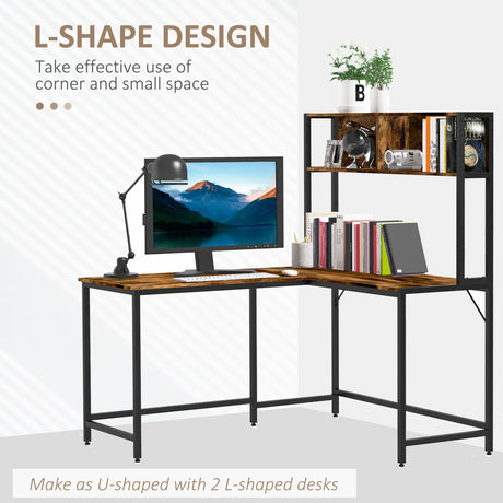 HOMCOM L Shaped Desk with Book Shelf, Industrial Corner Computer Desk, Writing Table with Steel Frame for Home Office, Bedroom, Study Room, 140 x 125cm, Brown
