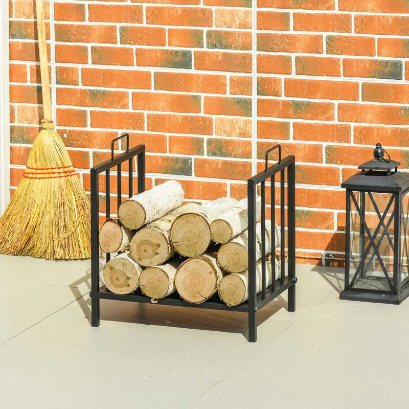 Outsunny Metal Firewood Log Holder Indoor Outdoor Firewood Rack Fireplace Wood Storage Shelf w/ Handles, Rust-Resistant, Black, 39L x 32.5W x 46Hcm