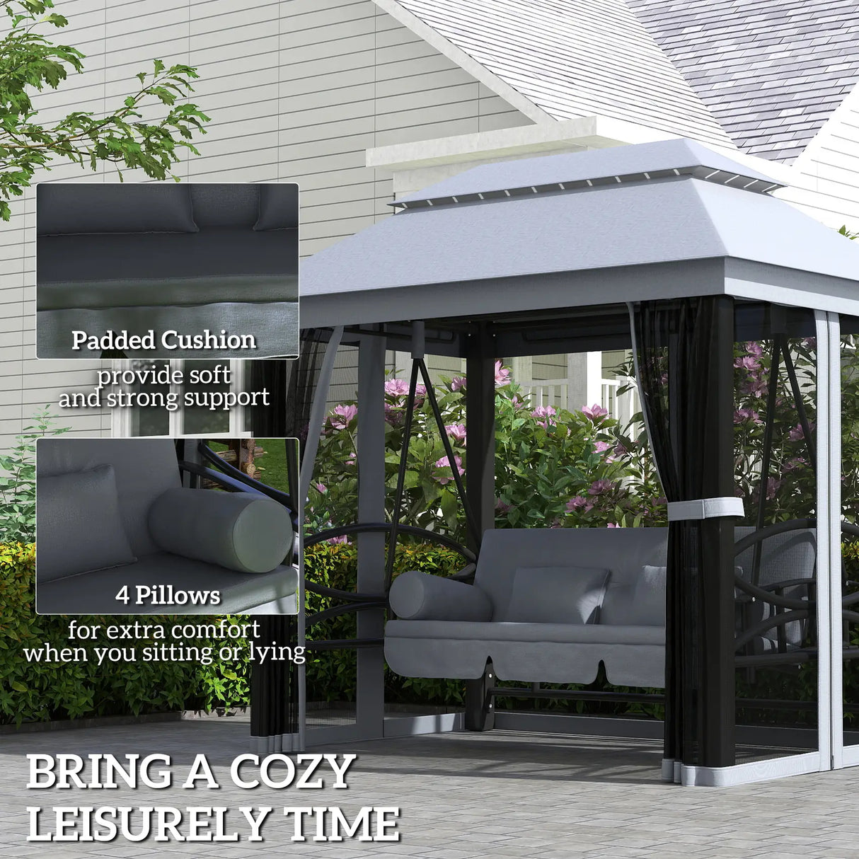 Outsunny 3 Seater Swing Chair Hammock Gazebo Lounger Cushioned Seat Waterproof Grey