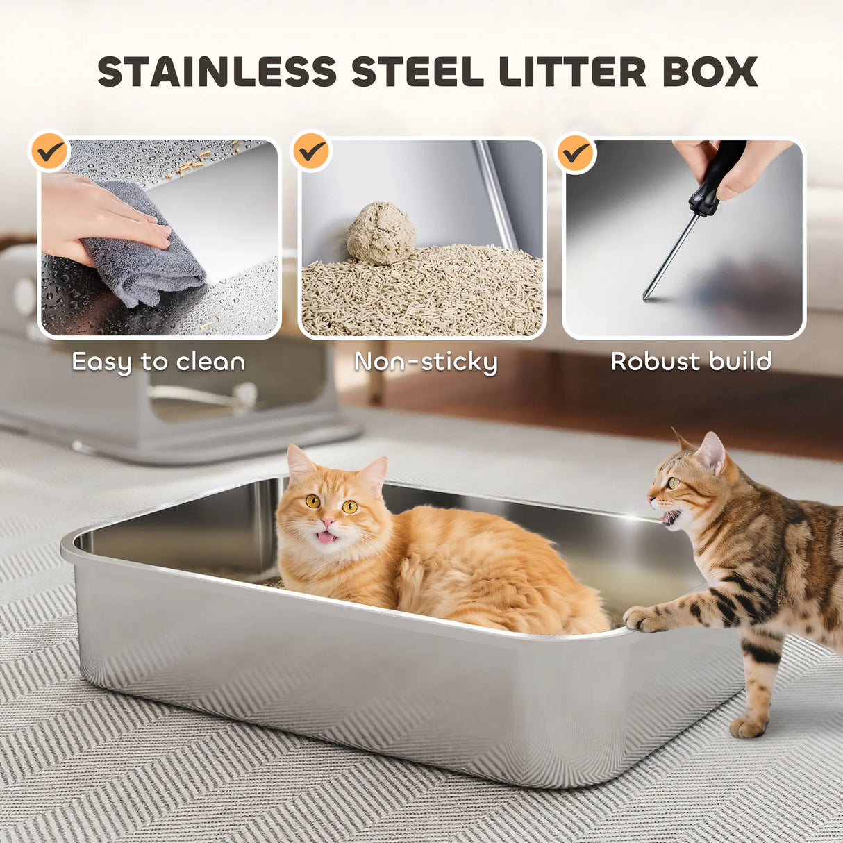 PawHut XXL Stainless Steel Cat Litter Tray, Enclosed Cat Litter Box with 90 Flip Cover, Double Doors, Scoop, Easy Clean, Grey