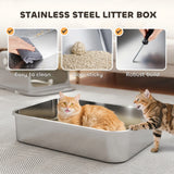 PawHut XXL Stainless Steel Cat Litter Tray, Enclosed Cat Litter Box with 90 Flip Cover, Double Doors, Scoop, Easy Clean, Grey
