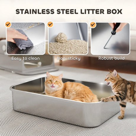 PawHut XXL Stainless Steel Cat Litter Tray, Enclosed Cat Litter Box with 90 Flip Cover, Double Doors, Scoop, Easy Clean, Grey