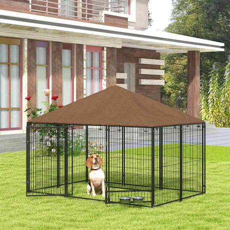 PawHut Outdoor Dog Kennel Puppy Play Pen with Canopy Garden Playpen Fence Crate Enclosure Cage Rotating Bowl 211 x 141 x 151 cm