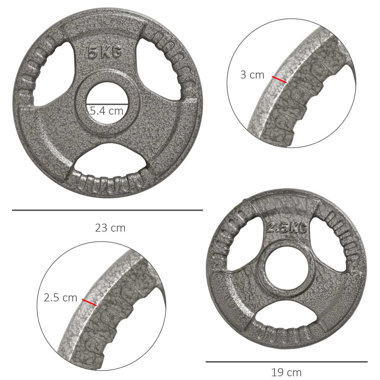 HOMCOM Set of 4 Weight Plate for 2 inch/5cm hole Dumbbell Handle Bar 15kg Dumbbell Plates Barbell Weight 2 x 5kg, 2 x 2.5kg