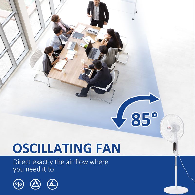 HOMCOM 16'' Pedestal Stand Fan, 3 Speed 3 Mode, 85 Oscillation, LED Panel, 3M Remote Controller, Height Adjustable for Living Room, Bedroom, Garage, Office, Black and White