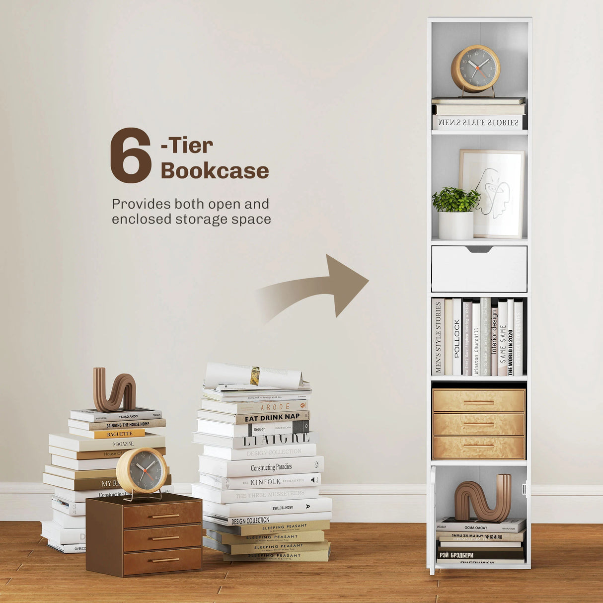 HOMCOM 6-Tier Bookcase, Tall Narrow Bookshelf with Drawer and Door - White
