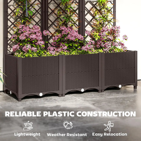 Outsunny Raised Garden Bed with Trellis, Plastic Planter Box with Drainage Holes, Drain Plugs and Water Reservoirs for Climbing Plants, Vegetables, Flowers, Brown
