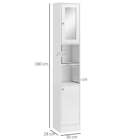 kleankin Tall Bathroom Storage Cabinet with Mirror, Freestanding Floor Cabinet Tallboy Unit with Adjustable Shelves, White