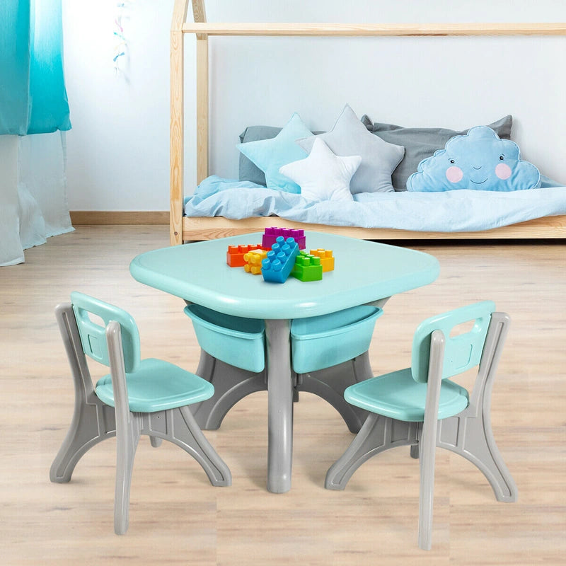 3 Sets of Table and Chairs with Detachable Storage Boxes Design for Kids Green