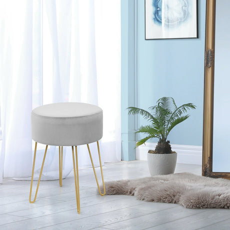 Velvet Stool with Metal Legs Round Footstool Modern Velvet Ottoman Side Stool Gray