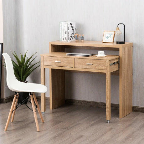 Extending Writing Desk Console Table with 2 Drawers-Natural