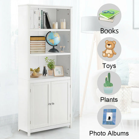 3-Shelf Bookcase with Double Doors &amp; Adjustable Shelves &amp; Cabinet-White