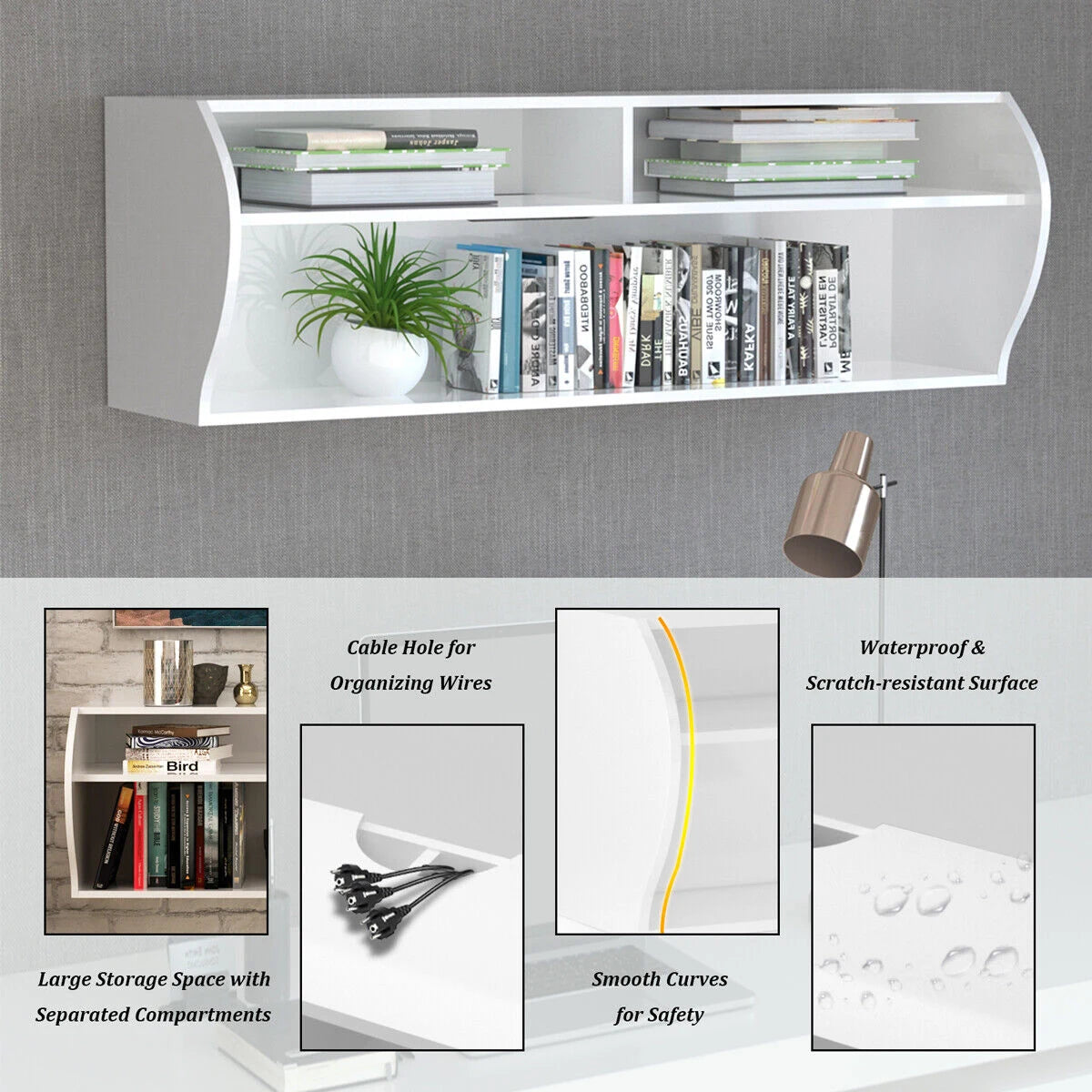 48.5 Inch 2 Tier Modern Wall Mounted Hanging Floating Shelf-White