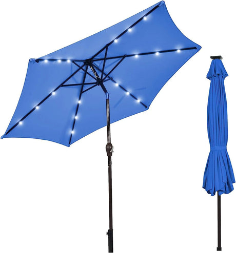 9' Solar LED Lighted Patio Market Umbrella Tilt Adjustment Crank Lift -Blue