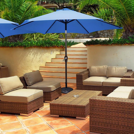 9' Solar LED Lighted Patio Market Umbrella Tilt Adjustment Crank Lift -Blue