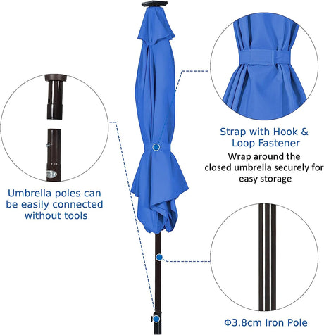 9' Solar LED Lighted Patio Market Umbrella Tilt Adjustment Crank Lift -Blue