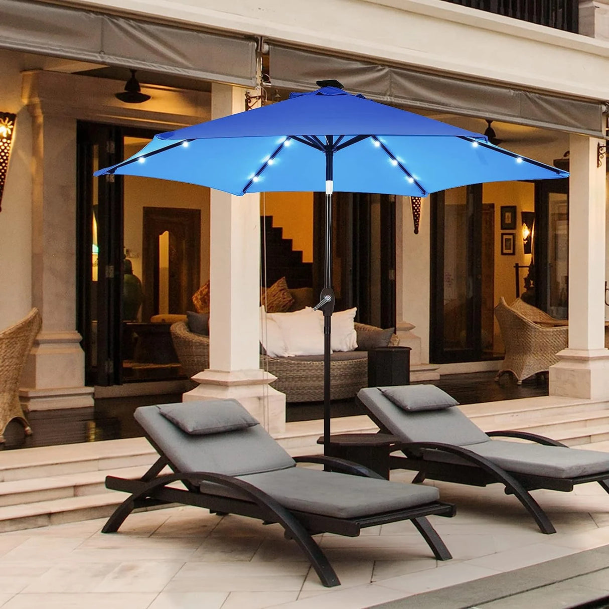 9' Solar LED Lighted Patio Market Umbrella Tilt Adjustment Crank Lift -Blue