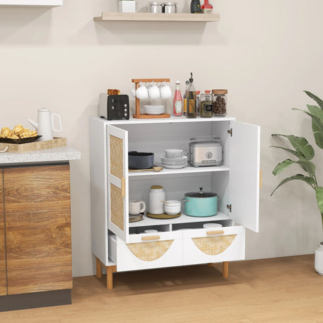 2-Door Sideboard Buffet Cabinet with Bamboo Woven Doors and Adjustable Shelf