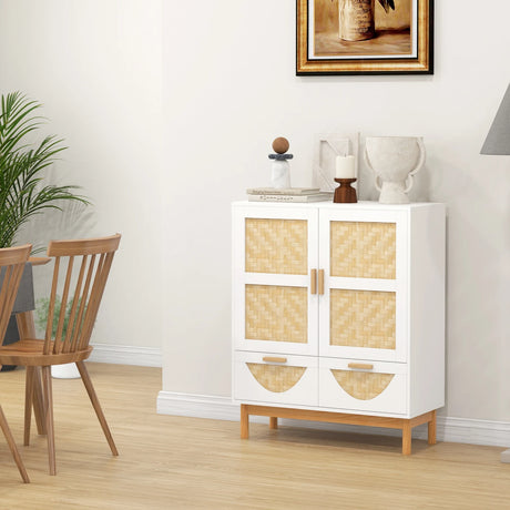 2-Door Sideboard Buffet Cabinet with Bamboo Woven Doors and Adjustable Shelf