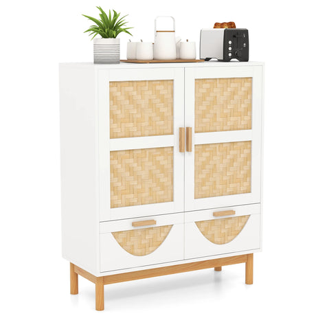 2-Door Sideboard Buffet Cabinet with Bamboo Woven Doors and Adjustable Shelf