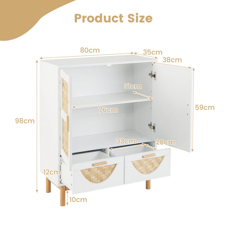 2-Door Sideboard Buffet Cabinet with Bamboo Woven Doors and Adjustable Shelf