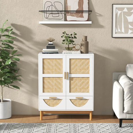 2-Door Sideboard Buffet Cabinet with Bamboo Woven Doors and Adjustable Shelf