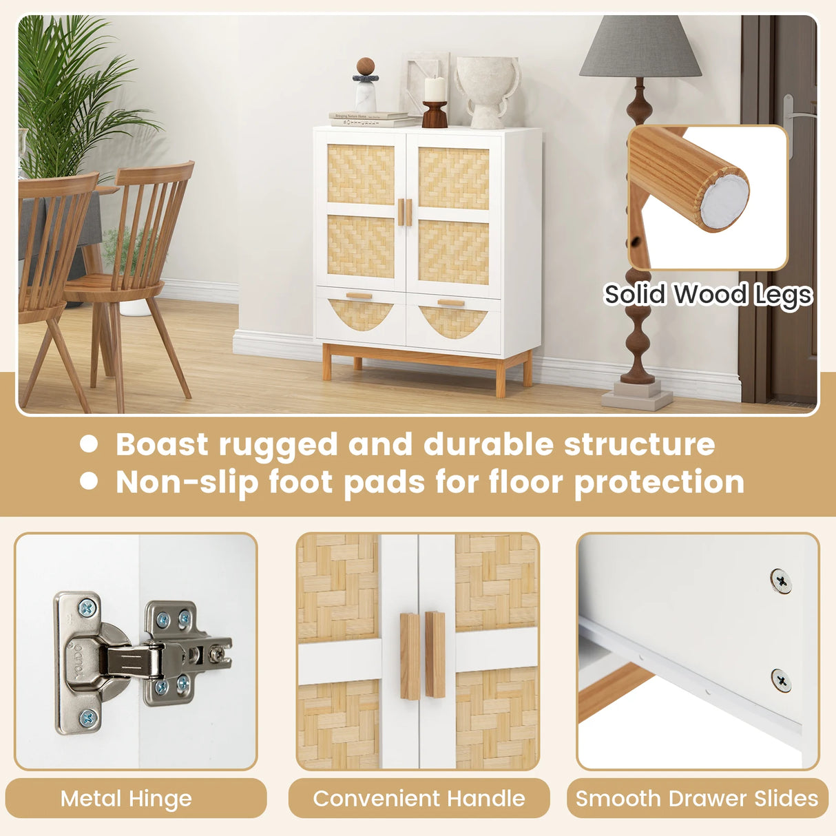2-Door Sideboard Buffet Cabinet with Bamboo Woven Doors and Adjustable Shelf