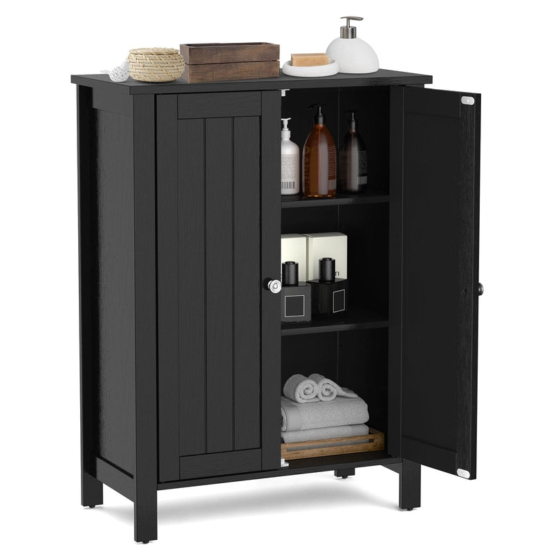 Bathroom Floor Storage Cabinet with Double Door &amp; Adjustable Shelf-Black
