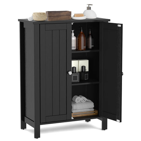 Bathroom Floor Storage Cabinet with Double Door &amp; Adjustable Shelf-Black
