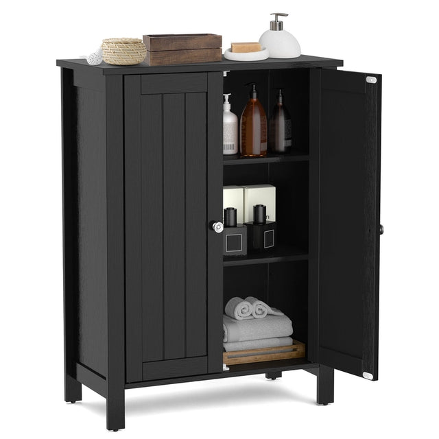 Bathroom Floor Storage Cabinet with Double Door &amp; Adjustable Shelf-Black