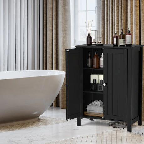 Bathroom Floor Storage Cabinet with Double Door &amp; Adjustable Shelf-Black