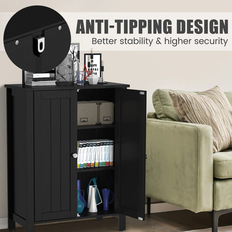 Bathroom Floor Storage Cabinet with Double Door &amp; Adjustable Shelf-Black