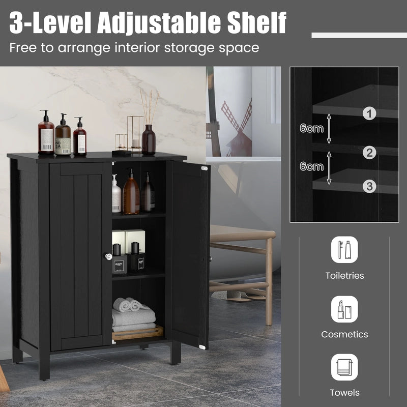 Bathroom Floor Storage Cabinet with Double Door &amp; Adjustable Shelf-Black