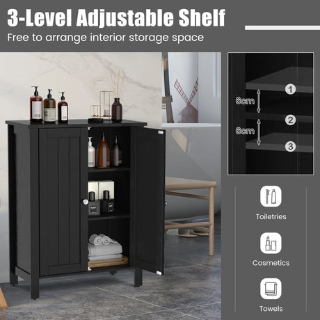 Bathroom Floor Storage Cabinet with Double Door &amp; Adjustable Shelf-Black