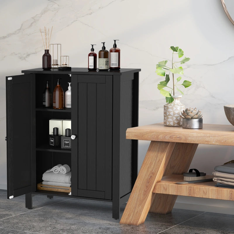 Bathroom Floor Storage Cabinet with Double Door &amp; Adjustable Shelf-Black