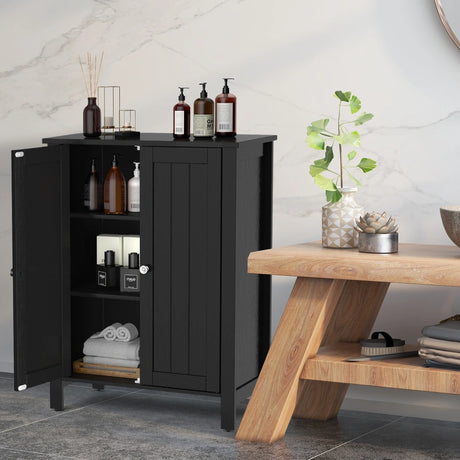 Bathroom Floor Storage Cabinet with Double Door &amp; Adjustable Shelf-Black
