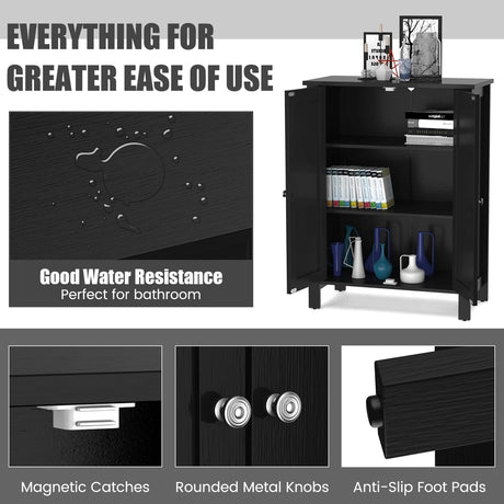 Bathroom Floor Storage Cabinet with Double Door &amp; Adjustable Shelf-Black