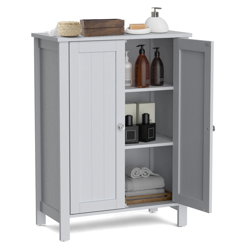 Bathroom Floor Storage Cabinet with Double Door &amp; Adjustable Shelf-Grey