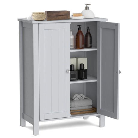 Bathroom Floor Storage Cabinet with Double Door &amp; Adjustable Shelf-Grey