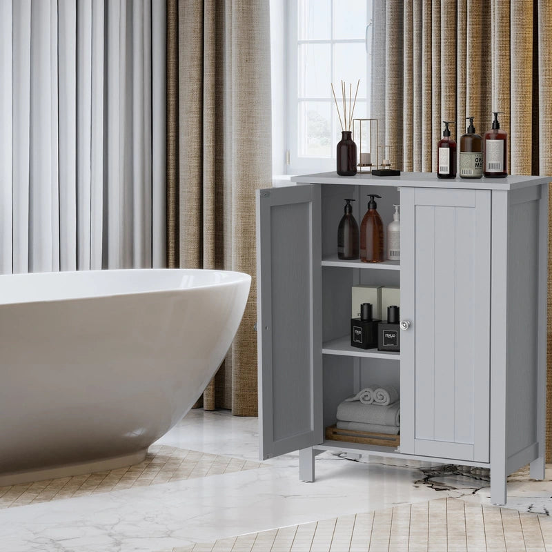 Bathroom Floor Storage Cabinet with Double Door &amp; Adjustable Shelf-Grey