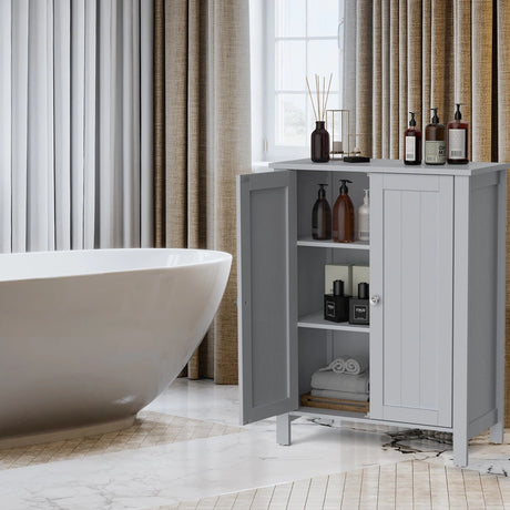Bathroom Floor Storage Cabinet with Double Door &amp; Adjustable Shelf-Grey